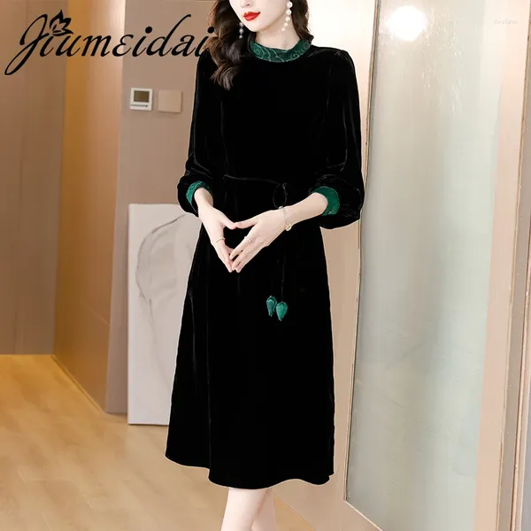 Lässige Kleider JiuMeiDai 2023 Frauen Herbst Elegante A-Line Samt Schwarz Kleid Büro Dame Qualität Robe Femme Retro Designer Party Kleidung