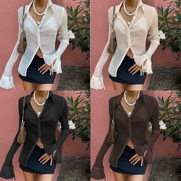 Blouses femininas weiyao vintage brasão dobras fofas y2k camisetas mulheres elegantes moda de manga larada tops veem através de malha sexy e tees de garotas