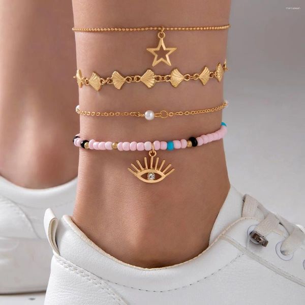 Tornozeleiras adorável olho tornozeleira conjunto para mulheres menina cor de ouro estrela pingente pérolas concha rosa contas multicamadas pé corrente jóias 25018