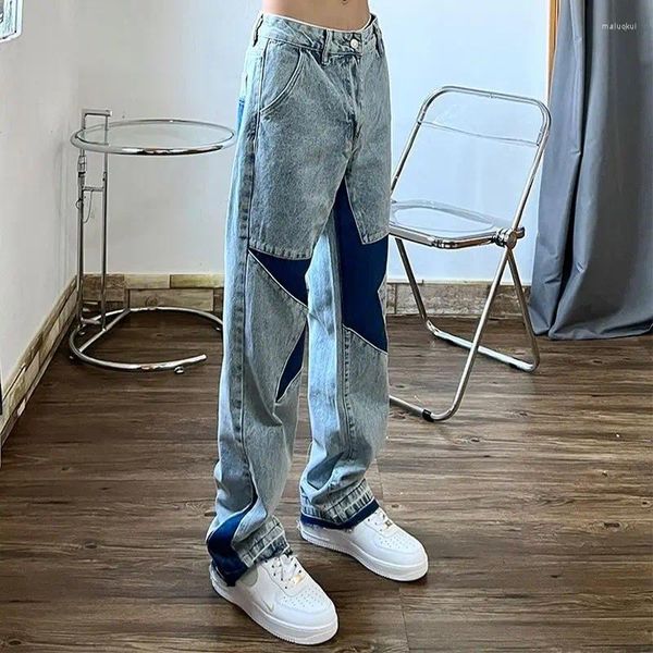 Jeans masculinos europeus e americanos tendência de rua alta lavagem cinco pontas estrela costura contraste solto reto hip hop calças largas