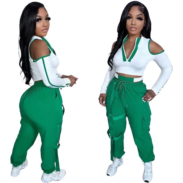 Kadın İki Parçalı Pantolon Takımı Beyaz Yeşil Uzun Soğuk Kollu Zip Yaka Kırpma Üst ve Kargo Pantolon Takım Elbise İlkbahar Yaz 2 Parça Kıyafetler