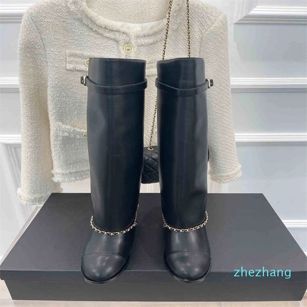 Botas de plataforma con hebilla de cadena y tacón grueso para mujer, botas altas hasta el muslo, zapatos con cremallera trasera de tubo de metal, otoño e invierno, 2023