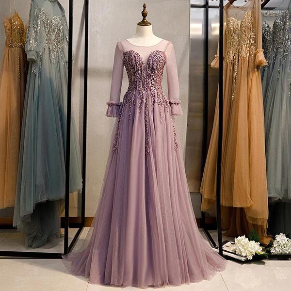 Бальные платья Фиолетовое вечернее платье с кружевным круглым вырезом и рукавами три четверти Простое трапециевидное платье длиной до пола Элегантное блестящее торжественное женское платье B132