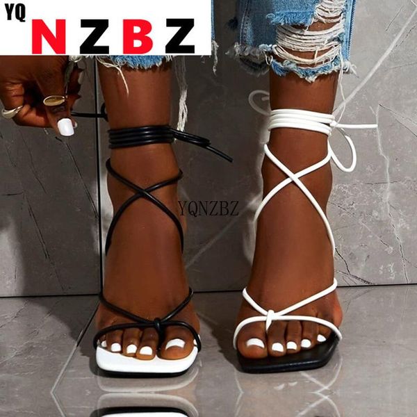 Сандалии yqnzbz Fashion Sexy Lace Up Women Square Toe Then Heel Cross Cross The Ware The Ware High 9 см. Черный белый размер 35-42