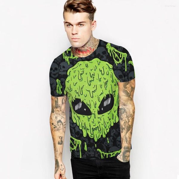 Camisetas masculinas 2023 tops de verão manga curta harajuku com decote 3d camisa feminina/masculina camisetas verde alienígena cabeça estampadas roupas de casal