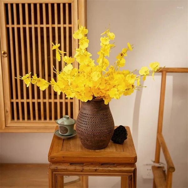 Flores decorativas Orquídeas danzantes amarillas artificiales, plantas verdes falsas, decoraciones de boda, planta de simulación suave, sala de estar para el hogar