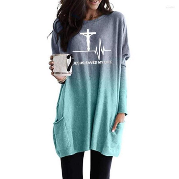 Kadın Tişörtleri Moda Gradyan Uzun Kollu Cep T-Shirt İsa Kadınlar İçin Hayatımı Kurtardı Artı Beden Top Büyük Tshirt