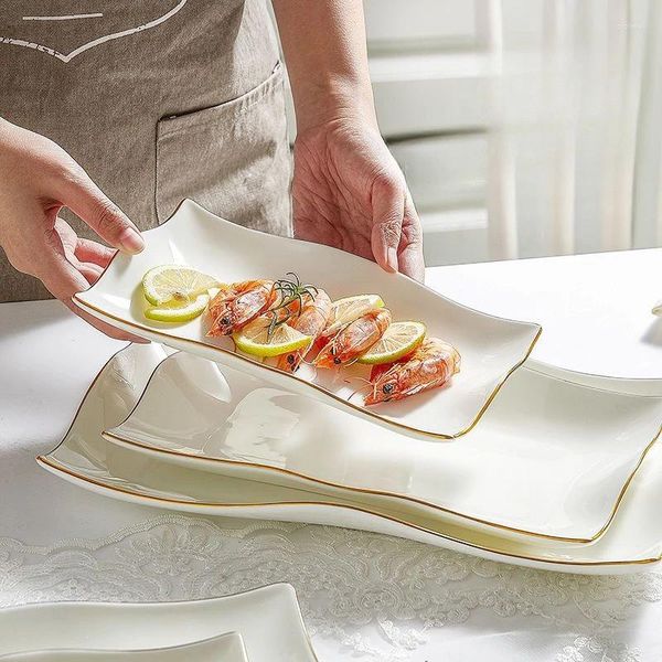 Pratos criativo osso china borda de ouro branco ondulado forma irregular utensílios de mesa casa cozinha restaurante suprimentos sobremesas salada placa de jantar