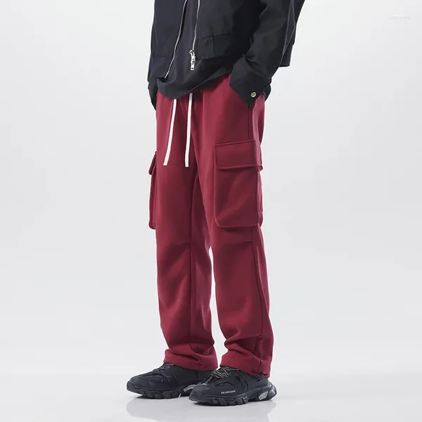 Pantaloni da uomo High Street Fashion Cargo Grandi tasche larghe Pantaloni larghi firmati personalizzati Maschio Vino Rosso Nero