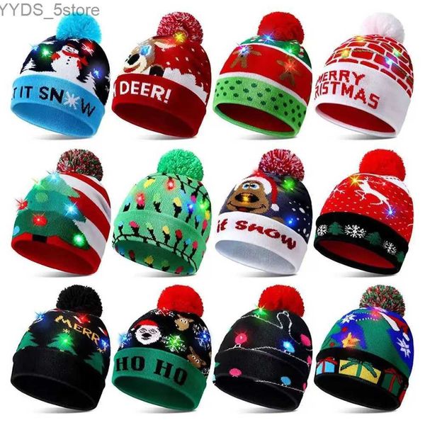 Beanie/Kafatası Kapakları LED Noel Örme Şapka Aydınlatma Noel Beanie Cap Unisex Kış Beanie Sweater Şapka Renkli LED'lerle Noel Yeni Yıl YQ231108