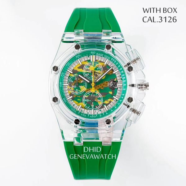 2023 nuovo stile di lusso sportivo da uomo orologi di design Cal.3126 funzione cronografo movimento meccanico automatico cinturino in caucciù verde cassa trasparente orologi da polso