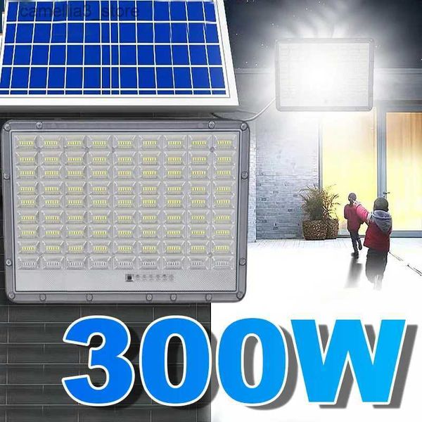 Lampade da parete solari 300W Nuovo riflettore solare in alluminio ad alta potenza Faretto da esterno Luce solare a LED con pannello solare Lampada da parete da giardino impermeabile Q231109