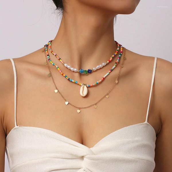 Catene 3 Pz / set Collana con pendente a cuore a catena lunga color oro femminile per le donne Boho Perle di vetro multicolore Collane di perline fatte a mano