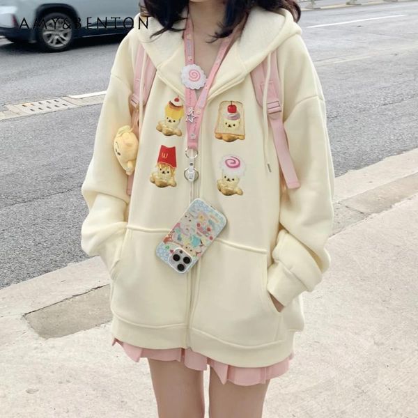 Hoodies femininos estilo preppy doce bonito impresso outono inverno roupas kawaii damasco grosso solto casual zip up hoodie