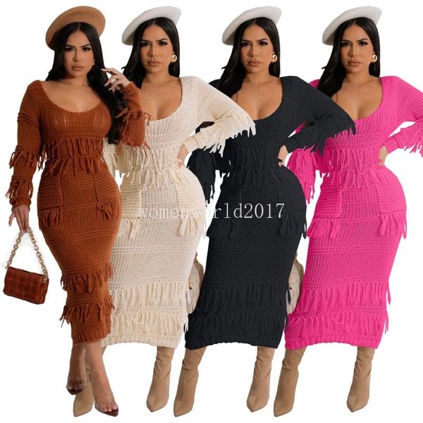 Designer de tricô vestidos mulheres outono inverno manga longa borlas camisola vestido causal bodycon vestido de malha street wear roupas por atacado em massa