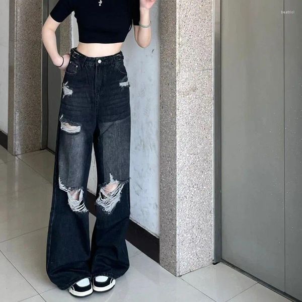 Calças de brim femininas deeptown y2k harajuku vintage rasgado mulheres streetwear grunge gyaru denim calças hippie gótico moda coreana baggy