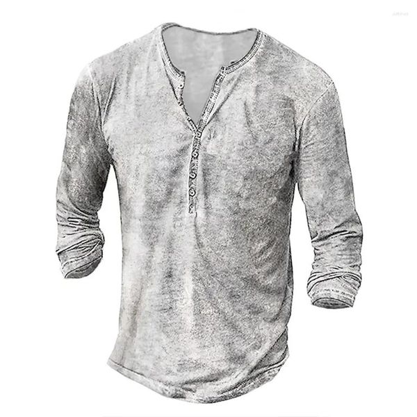 T-shirt da uomo Primavera Autunno Henley Tinta unita 3D Stampato Moda Vintage Manica lunga Camicia abbottonata Uomo T Top Abbigliamento