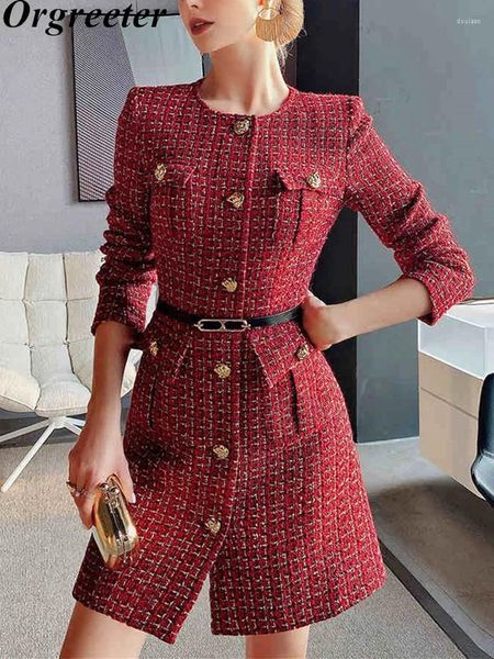 Lässige Kleider Französisches kleines Duft-Tweed-Kleid Frauen Vintage O-Ausschnitt Einreiher Goldfaden Plaid Mini Elegante Damenbekleidung