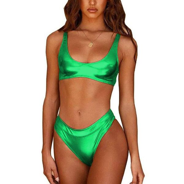 Traccettaci da donna Plus size Sexy Shiny Micro Bikini Donne Summer Classic Swimsuit Bioring 2 pezzi Set di colture senza maniche con BRI ad alto taglio