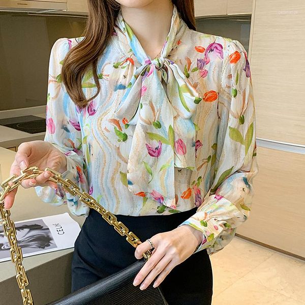 Blusas femininas tulipas impressão de seda mulheres camisas coreanas lady buttle up camisa de manga comprida blusas mujer de moda 2023 Verano Camisas