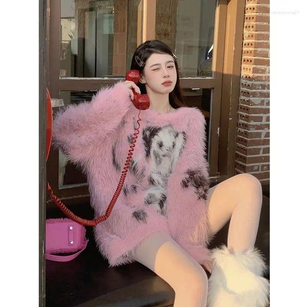 Suéteres femininos 2023 Spot Dog Mink Cashmere Sweater Mulheres Macio Espessado Malhas Soltas O-pescoço Pulôver Jumpers Casual Harajuku Roupas