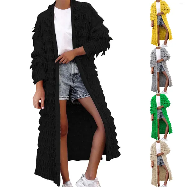 Damenjacken, lange Jacke mit Fransen, Wollmischung, Mantel, Ärmel, Rundhalspullover für Damen, vorne offen für Damen