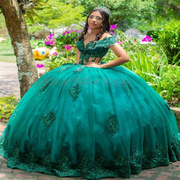 Verde esmeralda gracioso quinceanera vestidos elegantes apliques ballkleider fora dos ombros brilhante aniversário vestido de debutante 15 anos vestido de baile vestidos de xv anos