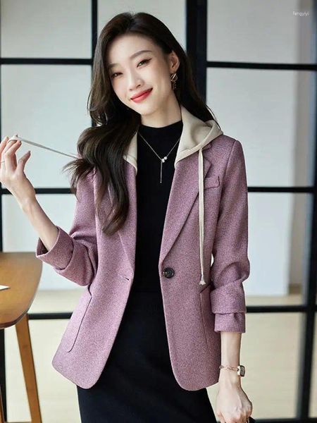 Ternos femininos outono inverno temperamento cáqui xadrez terno casaco retro roxo negócios único botão com capuz blazer jaqueta senhoras