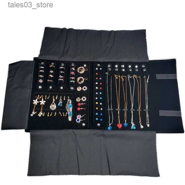 Schmuckschatullen Neue Mode Schwarz Grau Samt Schmuck Rolltasche Für Ring Ohrringe Organizer Aufbewahrungstasche Tragbare Halskette Vitrinen Q231109