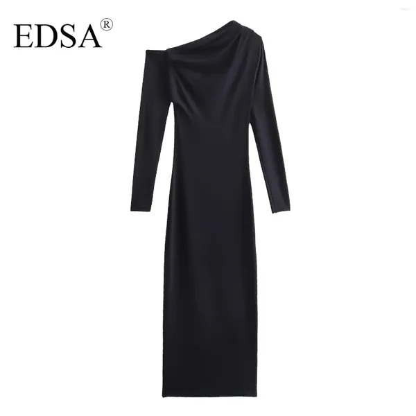 Lässige Kleider EDSA Frauen Mode Schwarz Lange Asymmetrische Polyamid Mid Kleid Ärmel Geraffte Schulter Für Party Streetwear