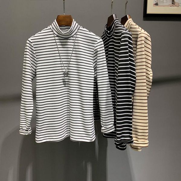 Erkek Tişörtleri Khaki Çizgili Kalın T-Shirt Sıradan Çift Taraflı Velvet Uzun Kollu Base Tee Top Vintage Erkekler Sonbahar Yarım-Yüksek Yaka