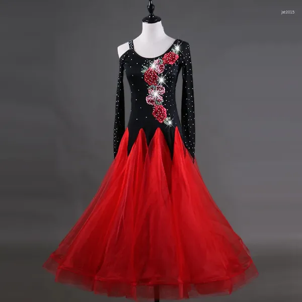 Sahne Giyim Balo Salonu Dans Elbiseleri Uzun Kollu Foxtrot Nakış Beyaz Kadınlar Vals Elbise Kırmızı Siyah MQ048