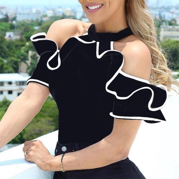 Damen Blusen Damen Sommer Kurzarm Schlank Hemden Sexy Halfter Kalte Schulter Elegante Oberteile Kontrastfarbe Bindung Rüschen Trim Bluse