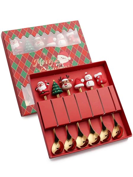 Weihnachts-Kaffeelöffel-Gabel-Set (4 Stück) (6 Stück), Edelstahl-Löffelgabeln, Weihnachtsgeschenke für Kinder (rot/grünes Geschenkbox-Set)