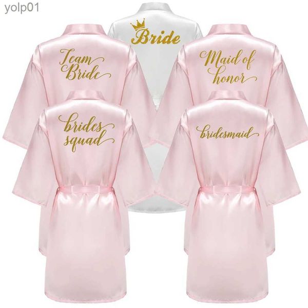 Kadınların Pijama Düğün Partisi Nedime Hizmetçisi Onur Korusu Altın Yazma Mektubu Kadın Lady Pembe Saten Boşluk Kimono S-4XLL231109