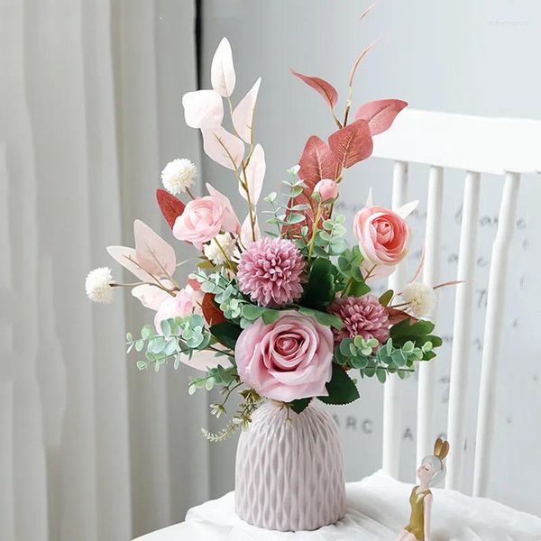 Flores decorativas série rosa misturada flor artificial vaso branco conjunto decoração para casa evento festa amigo presente