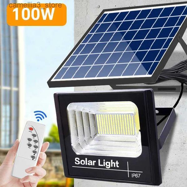 Luzes de parede solares 100w LED luz solar de alto brilho luz de inundação à prova d'água ao ar livre holofote lâmpada de parede de jardim lâmpada solar com controle remoto Q231109