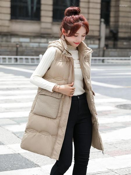 Gilet da donna Autunno Inverno Gilet Giubbotto Piumino Canotta in cotone Cappello lungo staccabile Cappotti con cappuccio Casual Senza maniche Capispalla allentato Donna