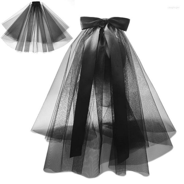 Veli da sposa Sposa Matrimonio Accessori da sposa Abito corto in tulle Fiocco in nastro bianco nero con velo pettine per capelli