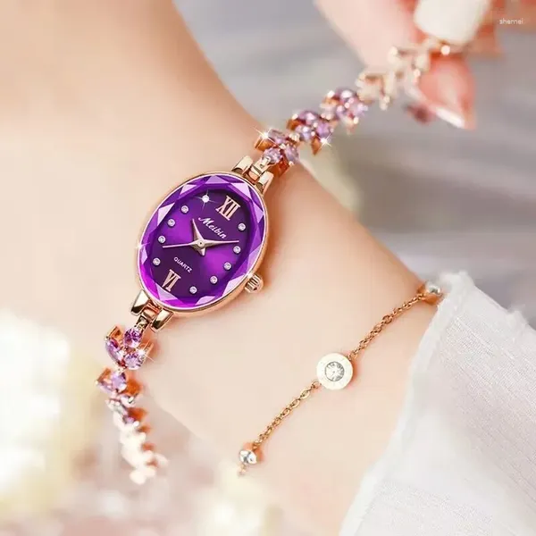 Relógios de pulso relógio feminino impermeável oval dial aço inoxidável roxo pétala banda 2023ogda alta qualidade menina amante relógio presente