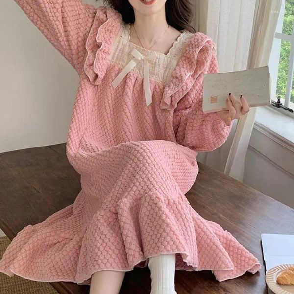 Kadınların Sijiz Polar Nightgown Dantel Kadınlar Ruffles Gece Elbise Tek Parça Pijamalar Koreli tarzı Kış Diz Uzunluğu Yay Evi Giyim 2023