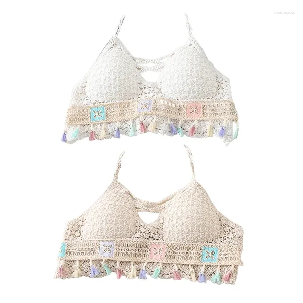 Canottiere da donna Reggiseno sexy con scollo all'americana con scollo a V Hollow Crochet lavorato a maglia canotta imbottita con spalline sul davanti Crop Top color caramella Orlo F0T5