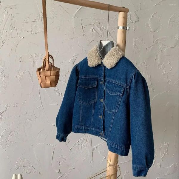 Ceketler Vintage Style Sonbahar Bebek Bebek Kot pantolon mavi tek göğüslü kürk yakalı katlar Toddler hırka çocukları dış giyim