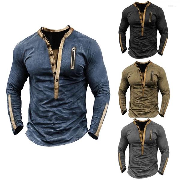 Camisas masculinas T-shirt com decote em V Botão Casual Suéter Tático Pulôver para treinamento de mangas compridas Roupas masculinas