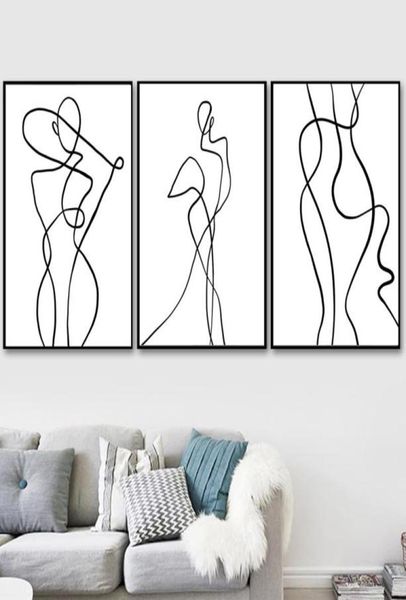 3 pçsset nórdico abstrato linha desenho boay arte pintura em tela minimalista preto branco curva figura pintura cartaz de parede para liv2051133
