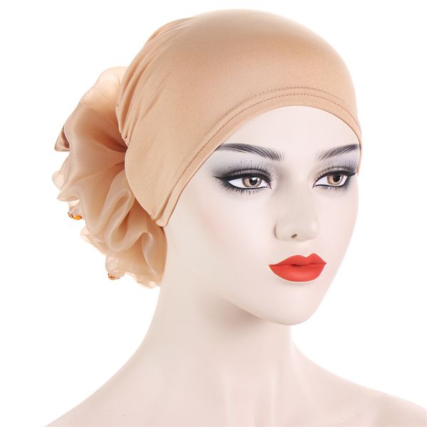 Satin-Blumen-Turban-Mütze für Frauen, muslimische Kopfbedeckung, Bandana-Kappen, islamisches Kopftuch, Haarbänder, Hut, indische Kopfbedeckung