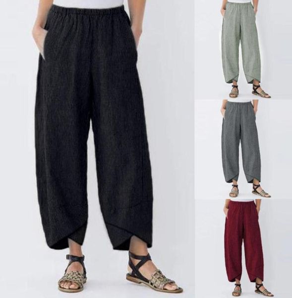 2019 Moda Donna Pantaloni da yoga Casual Tasca solida Elastico a vita alta Pantaloni di lino larghi Pantaloni larghi traspiranti2035019