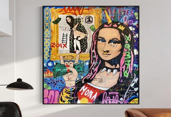 Абстрактные граффити, картины на холсте, забавные плакаты с изображением Моны Лизы и принты, знаменитые настенные художественные картины для гостиной, домашний декор Cuad7819929