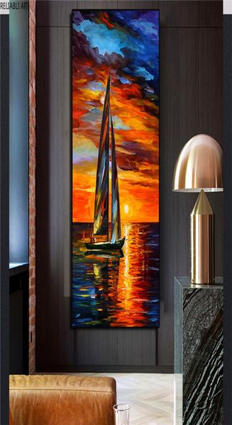 Paisagem moderna decorações de parede pintura em tela para sala estar barco occean pôr do sol céu vermelho pintura a óleo nordic casa decor9201082
