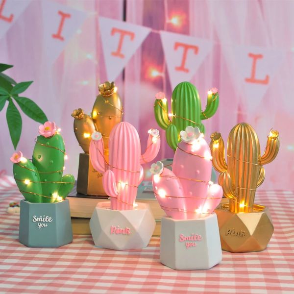 Faux Floral Greenery LED Cactus Night Light Resina Cute Table Lamp Bebê Crianças Quarto Decoração de Casa Iluminação Artesanato Aniversário Presente de Natal 231109